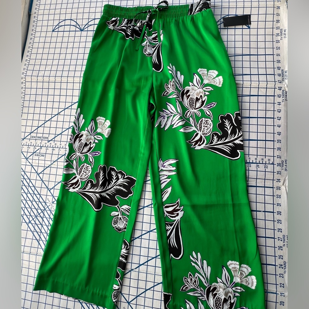 RAFAELLA Green Floral Pallazo Pants CRUISE/RESORT WEAR Drawstring Waist NWT Sz L